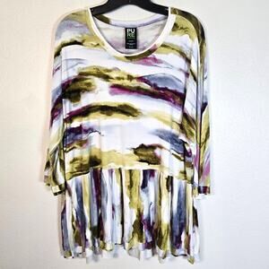 Pure Essence Top Women's XL Olive Purple Laguna Abstract Boho Artsy Comfort